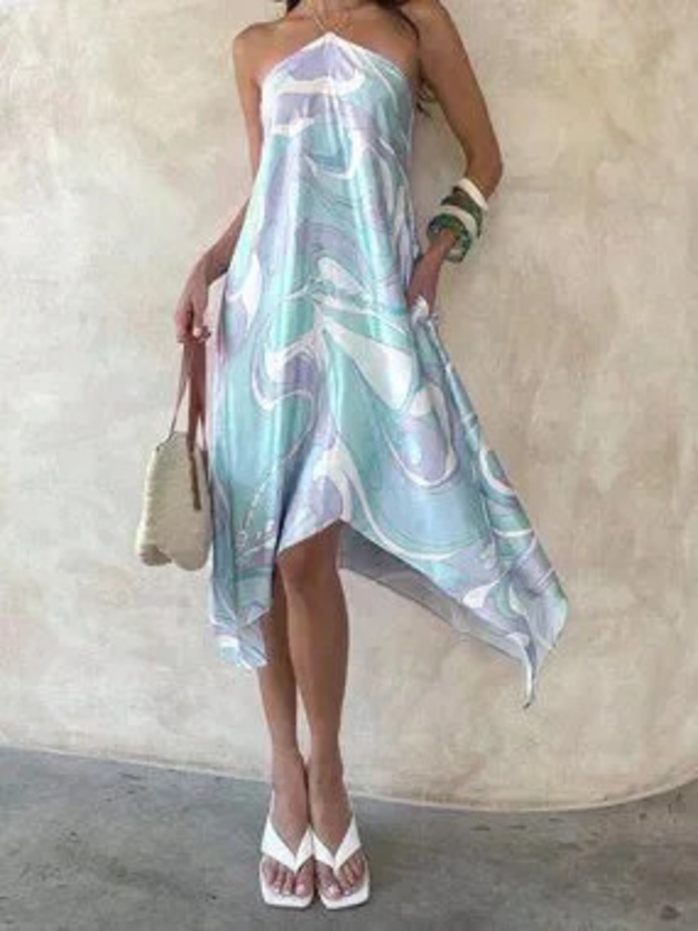 multicolor Boho Women's Slim Fit Halter Neck Asymmetric Hem Mini A-Line Dress